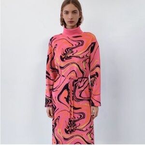 Zara Pink Swirl Jacquard Turtleneck Sweater Midi Dress Size Small